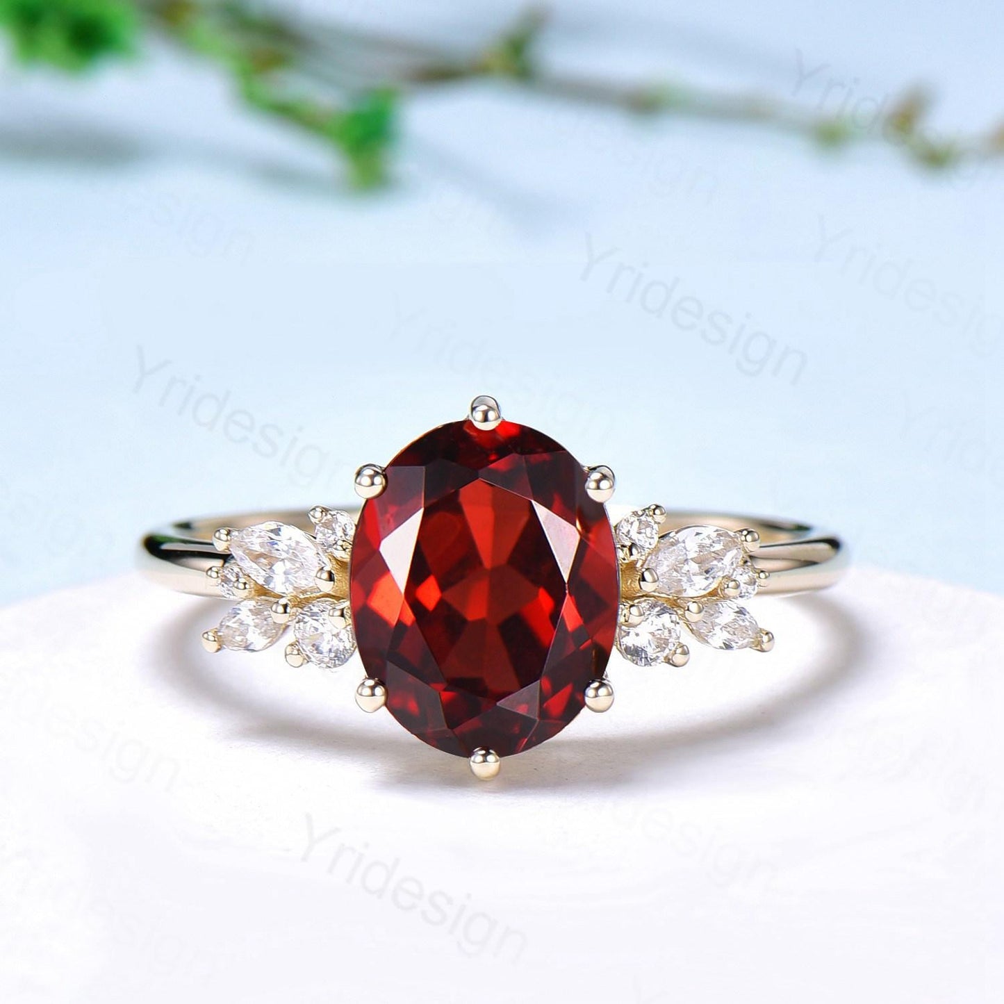 Vintage Style 3 carat Oval Garnet Ring Engagement Ring, Yellow Gold Antique Wedding Women's Ring, Art Deco January Birthstone Promise Ring