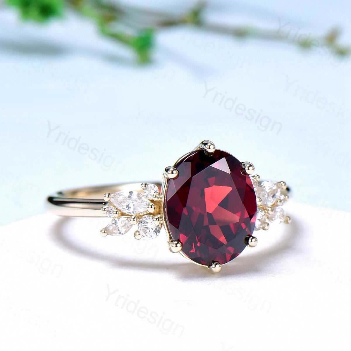 Vintage Style 3 carat Oval Garnet Ring Engagement Ring, Yellow Gold Antique Wedding Women's Ring, Art Deco January Birthstone Promise Ring