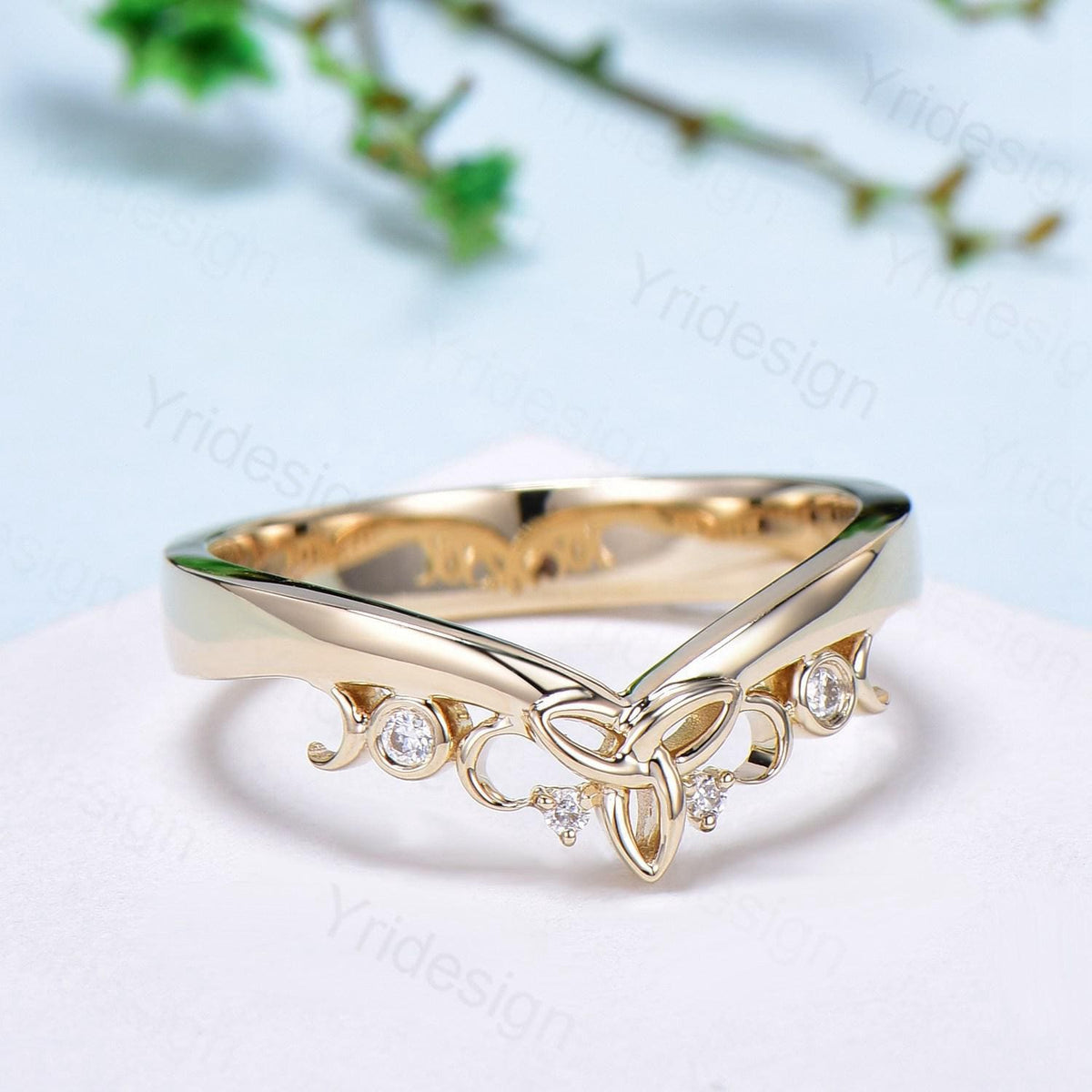 3.5mm Celtic Knot Norse Viking diamond wedding band women 14k yellow gold curved wedding band unique Matching stacking band anniversary ring