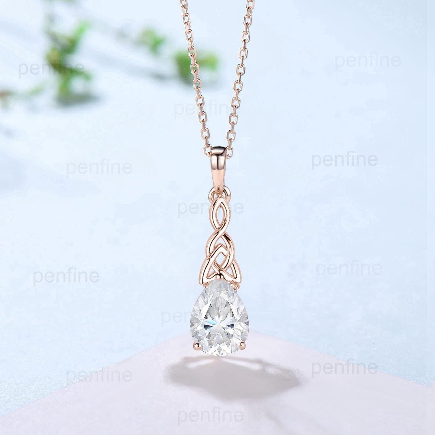 Vintage Celtic Knot Moissanite Pendant Necklace Women Unique CVD Lab Grown Diamond Necklace Promise Gift Dainty Pear Shaped Pendant for Wife