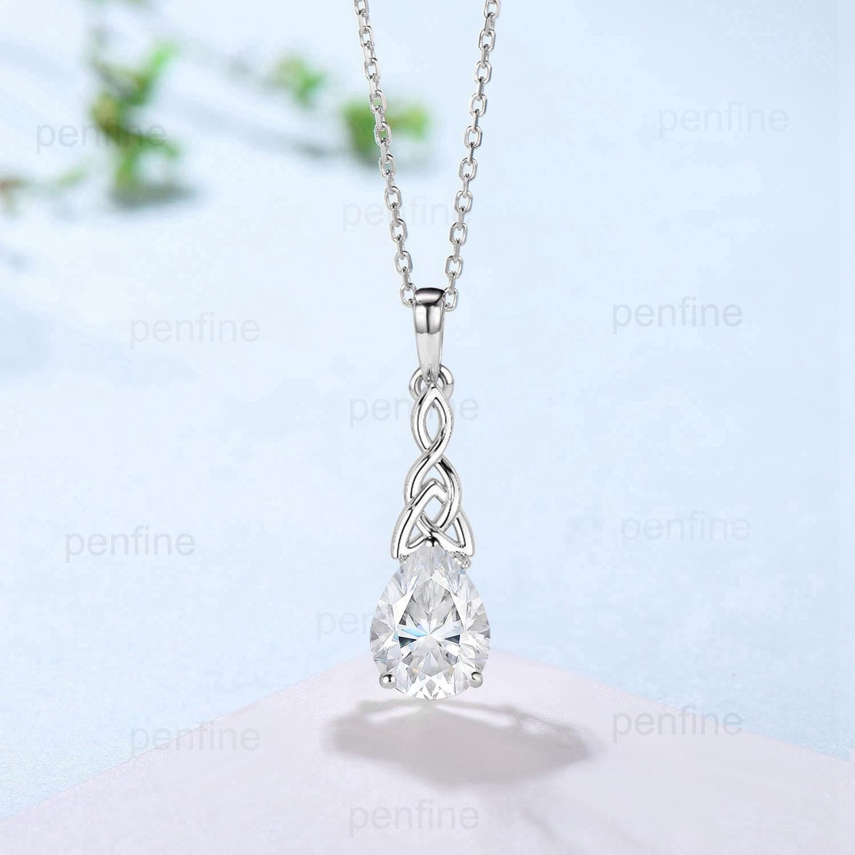 Vintage Celtic Knot Moissanite Pendant Necklace Women Unique CVD Lab Grown Diamond Necklace Promise Gift Dainty Pear Shaped Pendant for Wife