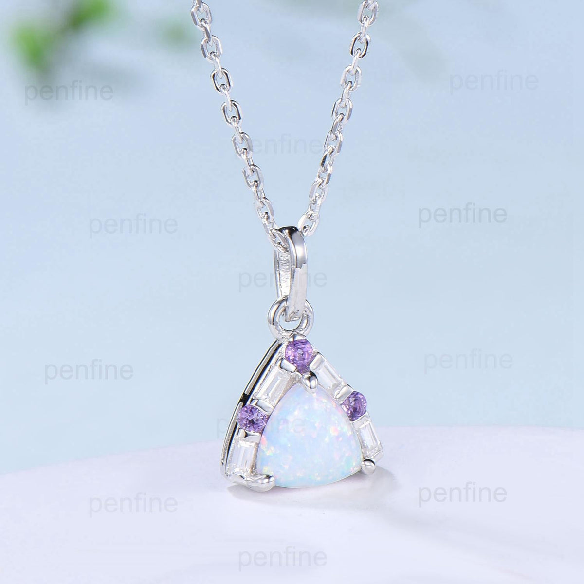 Trilliant Opal Amethyst pendant necklace vintage baguette moissanite pendant silver white  gold fire opal necklace Engagement Gift For Women