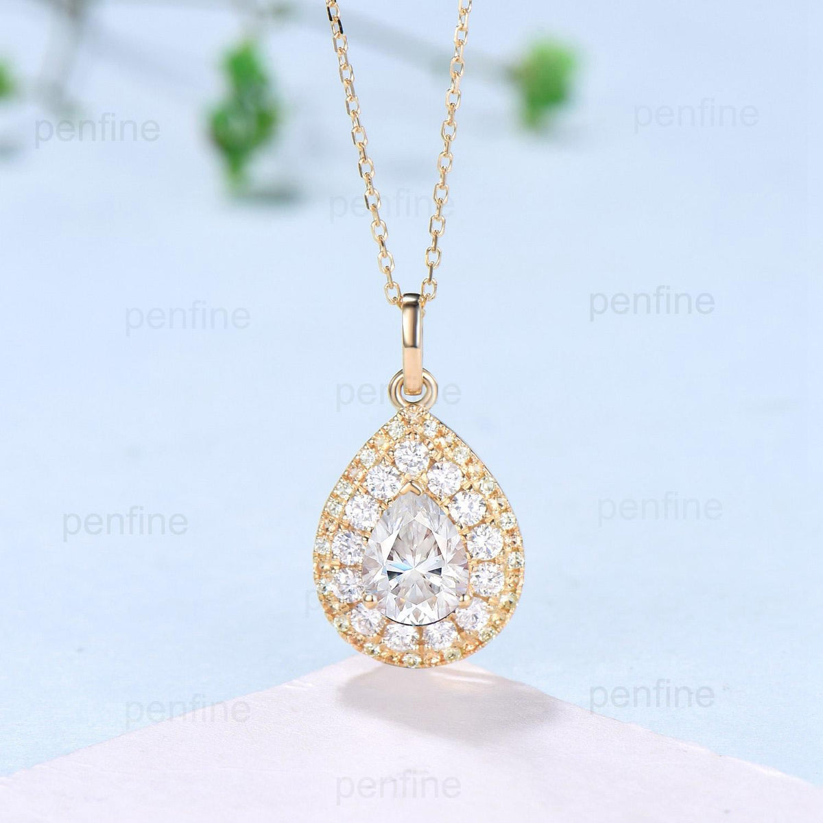 Double Halo pear shaped moissanite necklace vintage alternative lab grown diamond pendant 18k yellow gold necklace engagement gift for Women