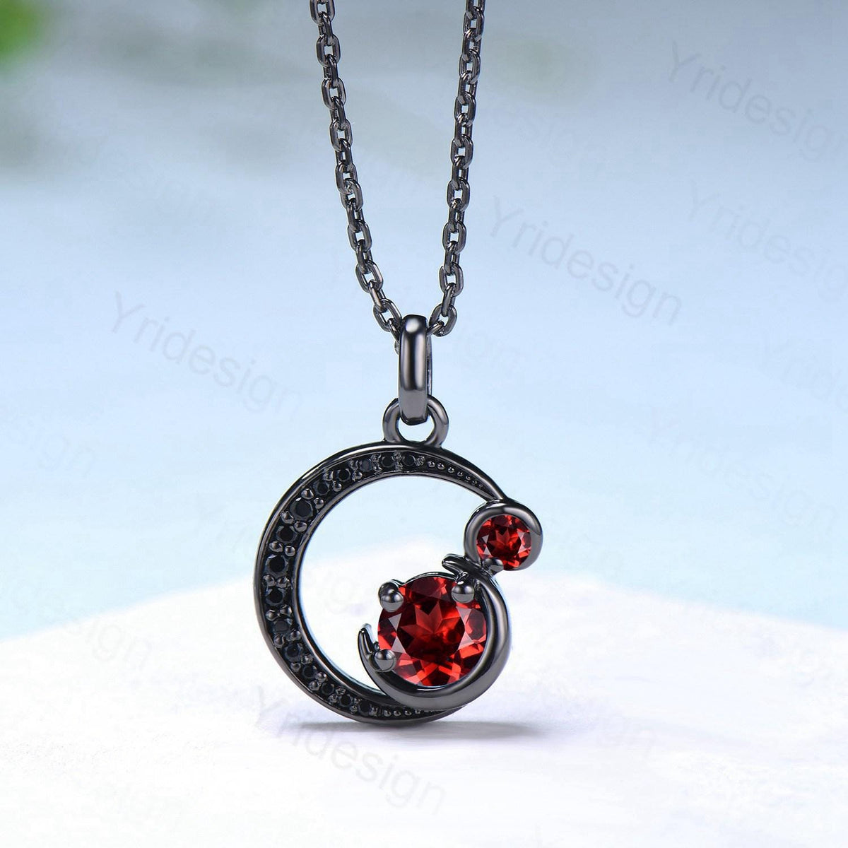 Unique Black Gold Garnet Necklace Magic Crescent Moon January Birthstone Pendant Necklace Halloween Gothic Anniversary Gift for Daughter