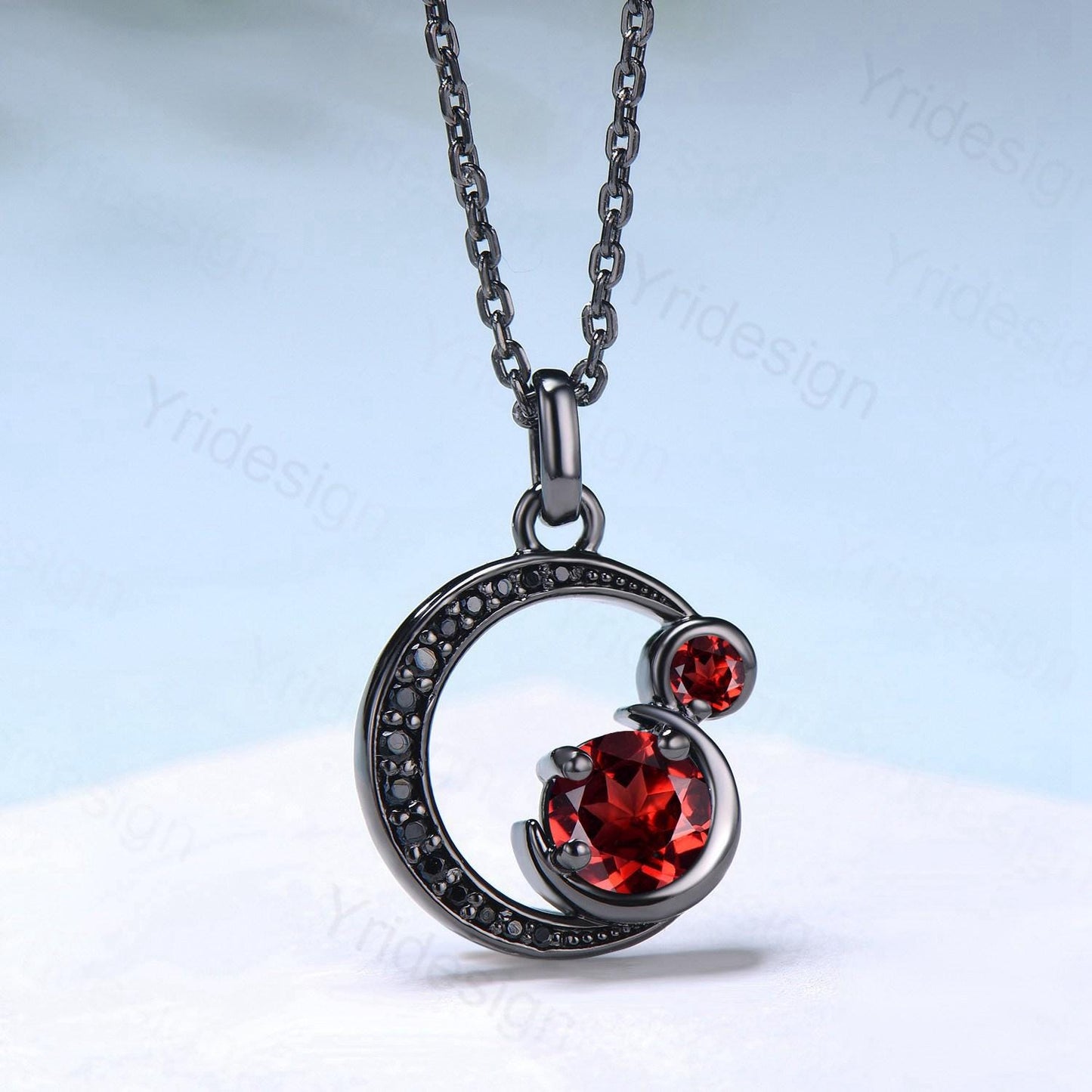 Unique Black Gold Garnet Necklace Magic Crescent Moon January Birthstone Pendant Necklace Halloween Gothic Anniversary Gift for Daughter