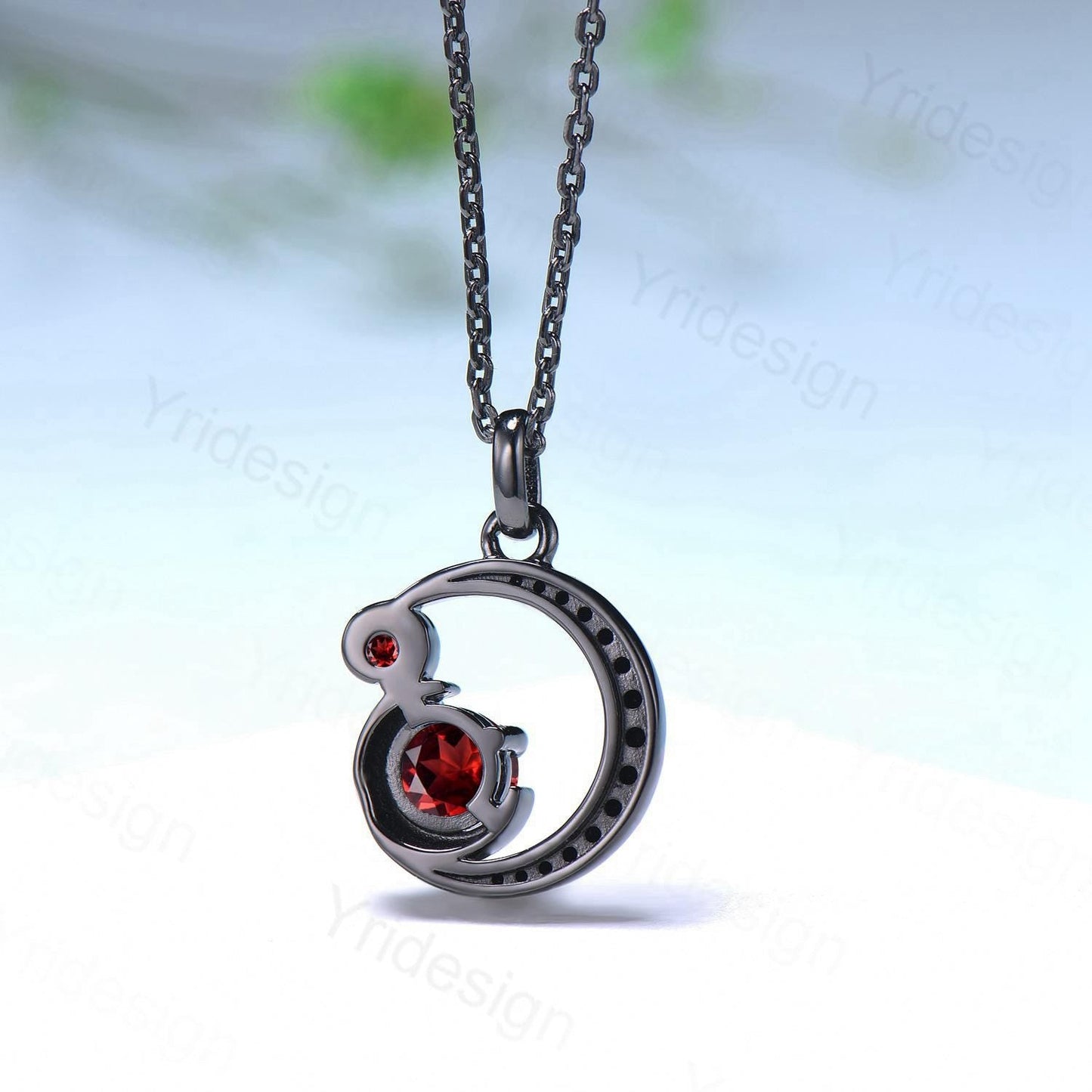 Unique Black Gold Garnet Necklace Magic Crescent Moon January Birthstone Pendant Necklace Halloween Gothic Anniversary Gift for Daughter