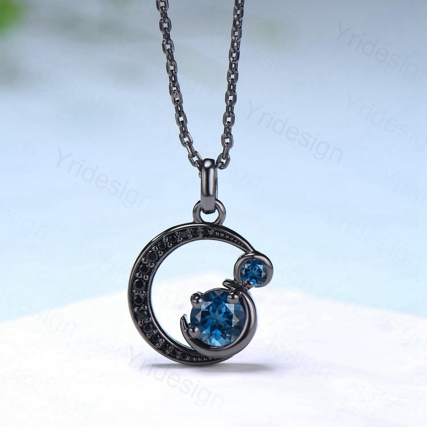 Unique Black Gold London Blue Topaz Necklace Magic Crescent Moon Black Spinel Pendant Necklace Halloween Gothic Anniversary gift for mom