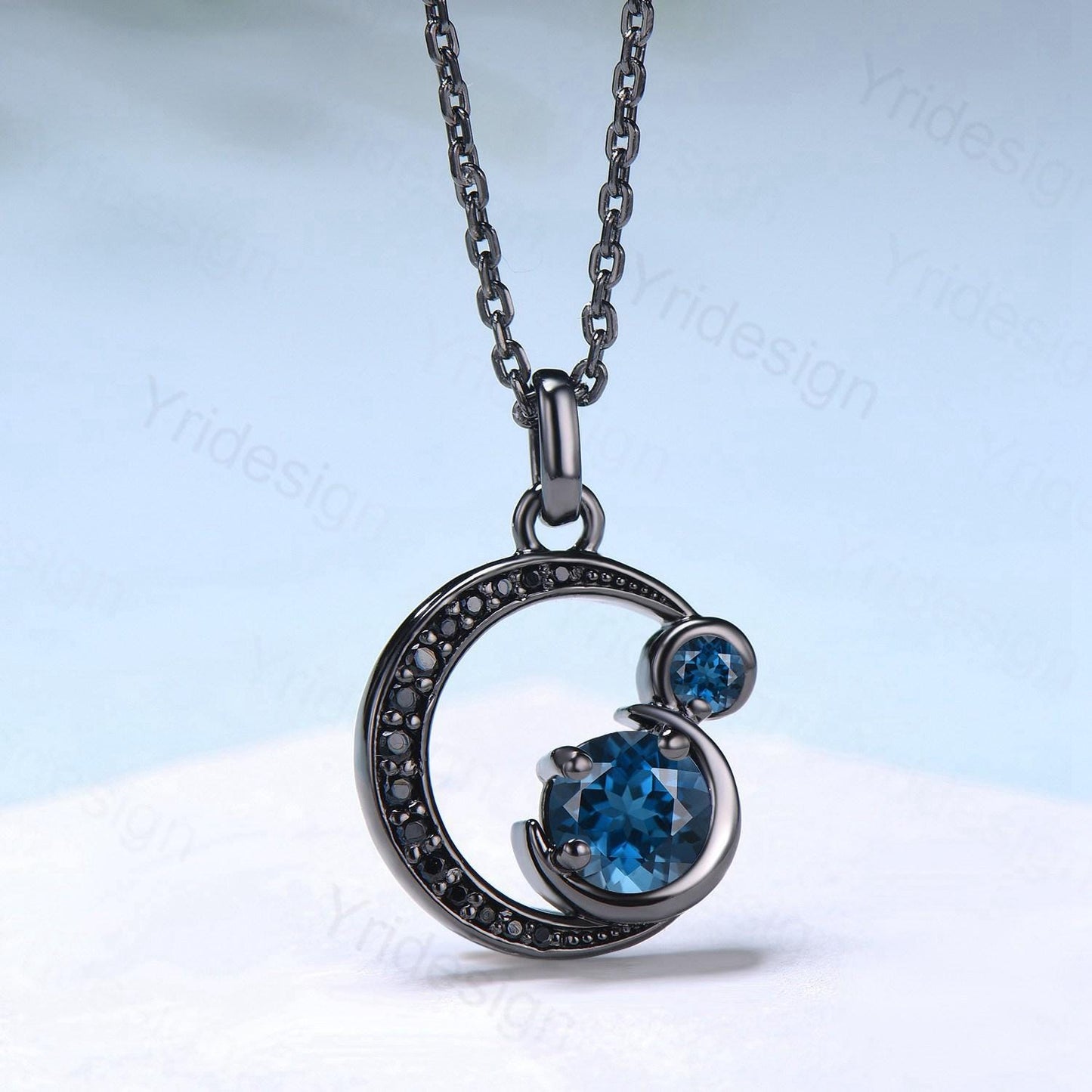 Unique Black Gold London Blue Topaz Necklace Magic Crescent Moon Black Spinel Pendant Necklace Halloween Gothic Anniversary gift for mom