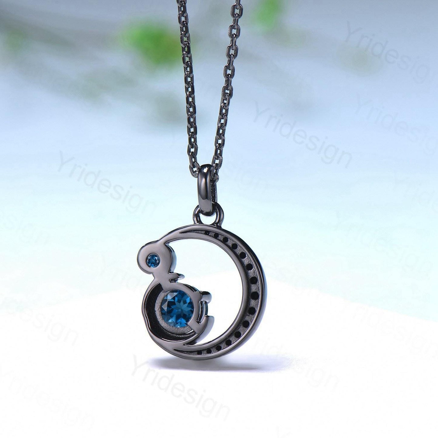 Unique Black Gold London Blue Topaz Necklace Magic Crescent Moon Black Spinel Pendant Necklace Halloween Gothic Anniversary gift for mom