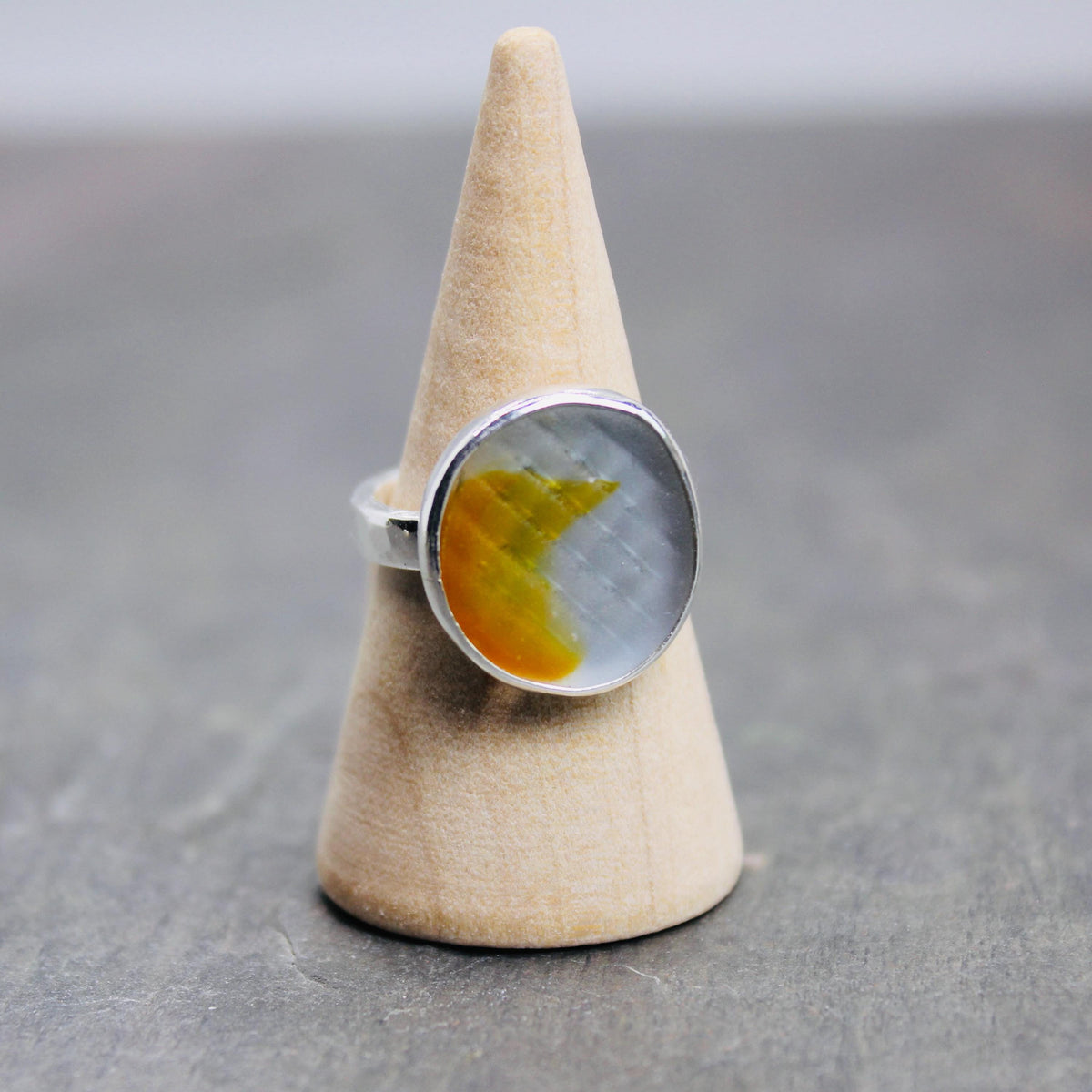 Aqua and Orange Japanese Ohajiki Marble Sea Glass Ring | Sterling Silver | Size 6
