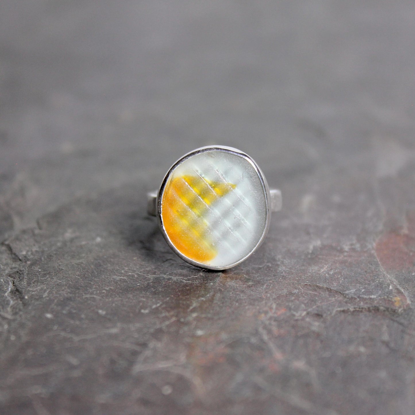 Aqua and Orange Japanese Ohajiki Marble Sea Glass Ring | Sterling Silver | Size 6