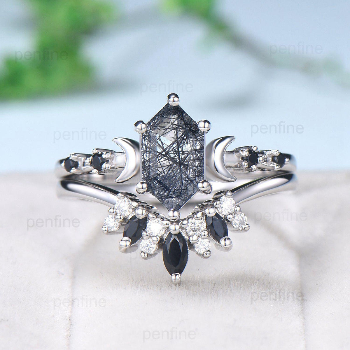 Long Hexagon cut black rutilated quartz engagement ring set five stone rose gold moon spinel wedding ring set for women anniversary gift her
