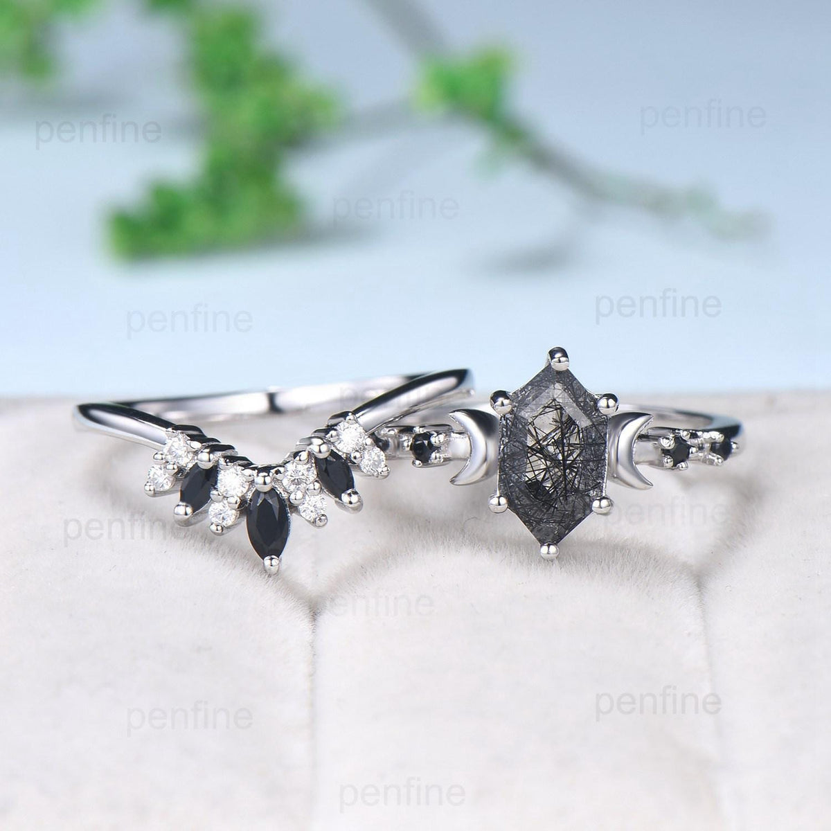 Long Hexagon cut black rutilated quartz engagement ring set five stone rose gold moon spinel wedding ring set for women anniversary gift her