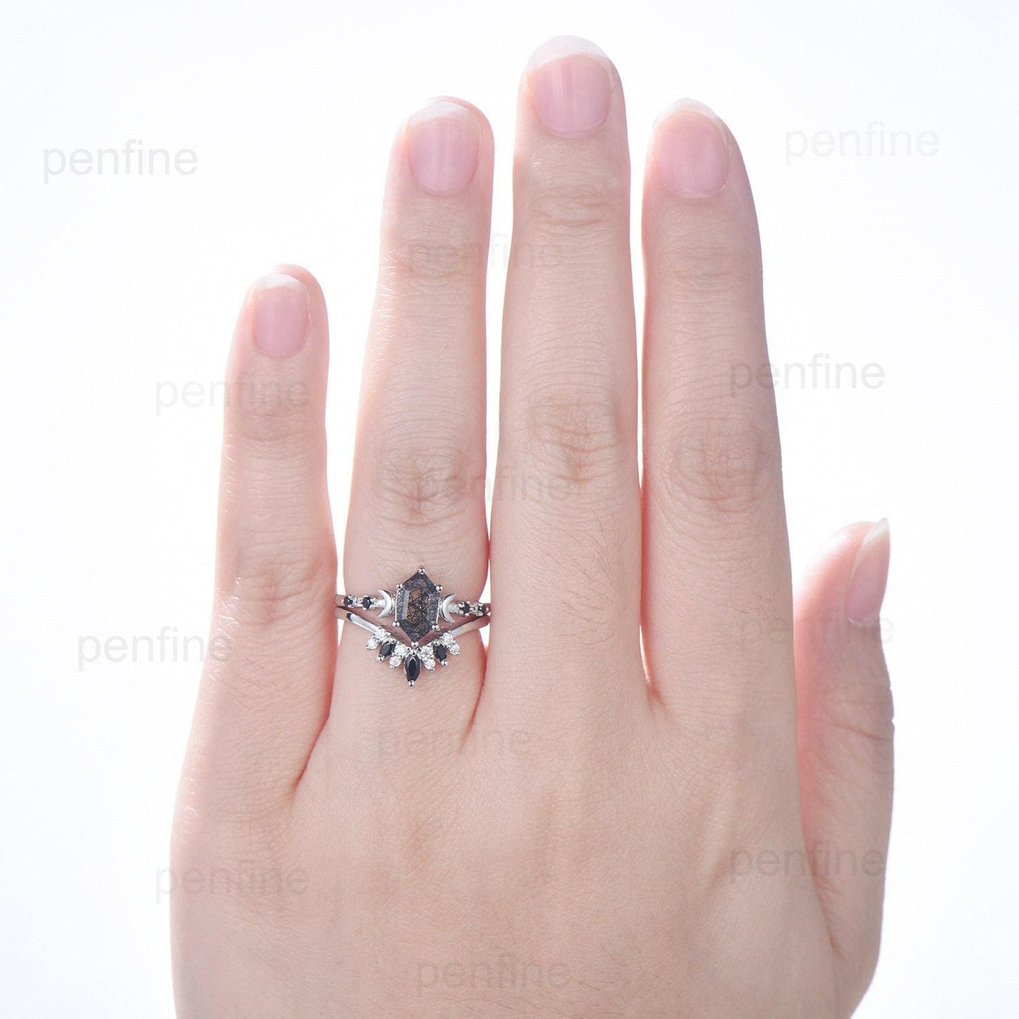 Long Hexagon cut black rutilated quartz engagement ring set five stone rose gold moon spinel wedding ring set for women anniversary gift her