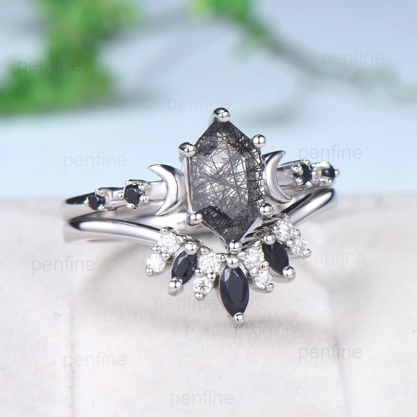 Long Hexagon cut black rutilated quartz engagement ring set five stone rose gold moon spinel wedding ring set for women anniversary gift her