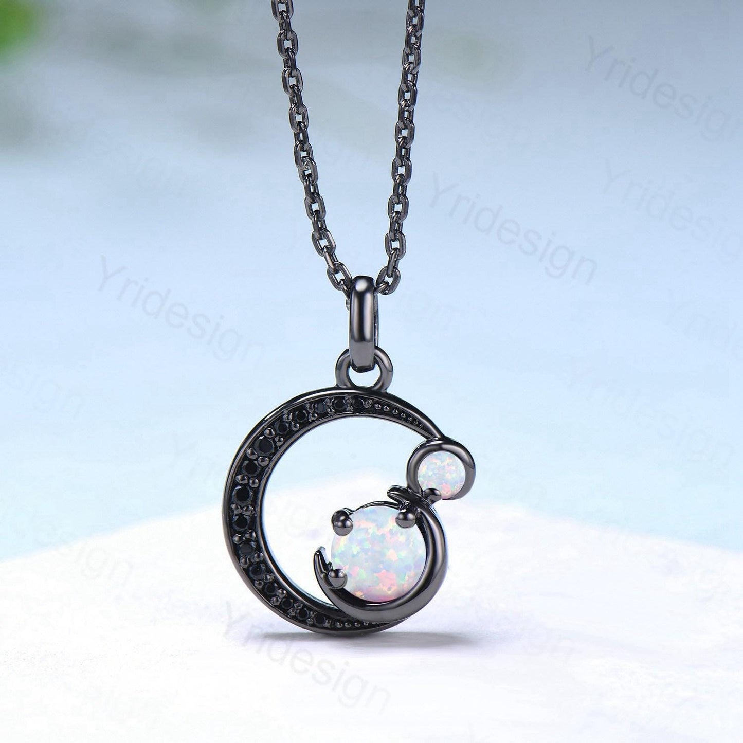 Unique Black Gold White Opal Necklace Magic Crescent Moon October Birthstone Pendant Necklace Halloween Gothic Anniversary Gift for Daughter