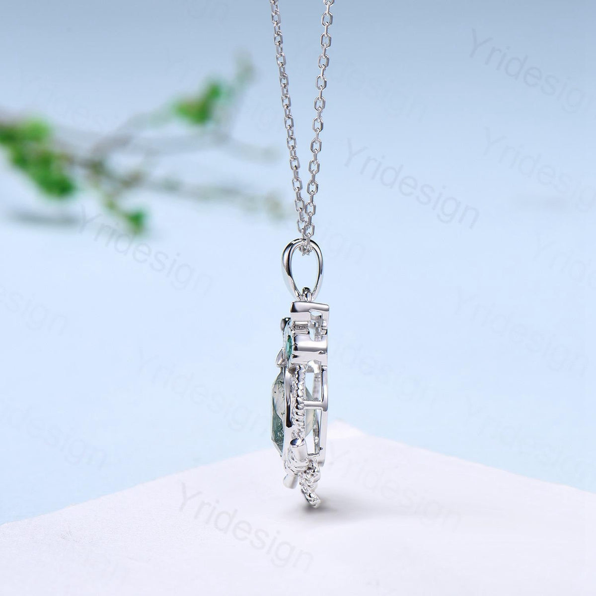Unique Owl Moss Agate Necklace Personalized Pendant Necklace Silver 18k White Gold Emerald Pendant Night Owl Animal Inspired Promise Gift