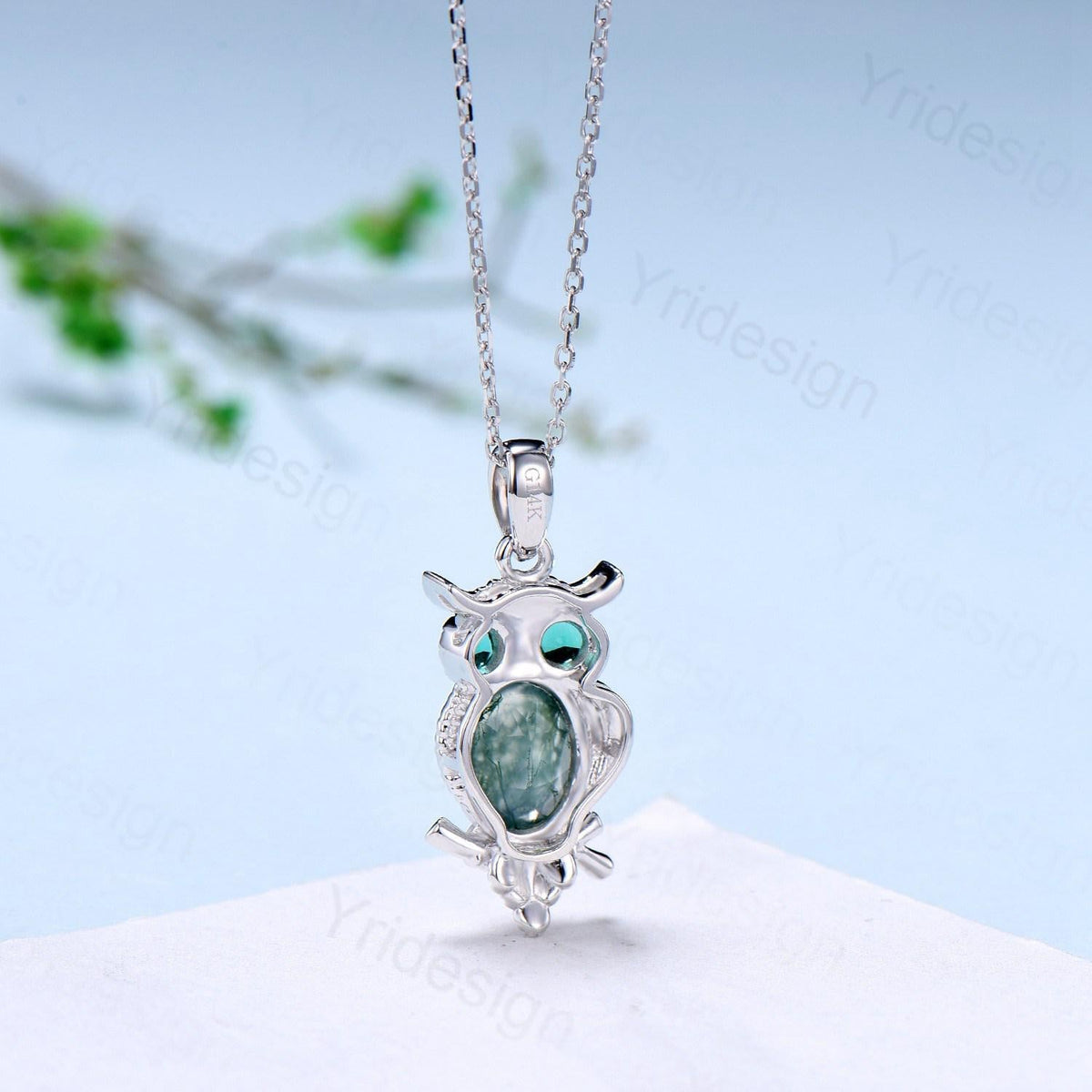 Unique Owl Moss Agate Necklace Personalized Pendant Necklace Silver 18k White Gold Emerald Pendant Night Owl Animal Inspired Promise Gift