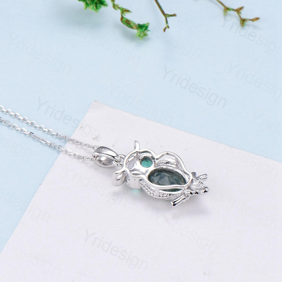 Unique Owl Moss Agate Necklace Personalized Pendant Necklace Silver 18k White Gold Emerald Pendant Night Owl Animal Inspired Promise Gift