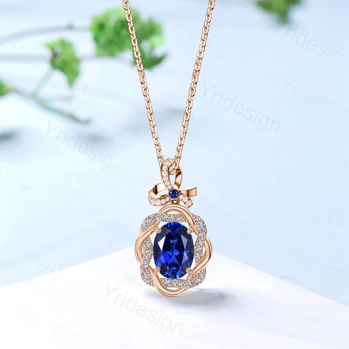 Unique Oval Sapphire Pendant Necklace Vintage Oval Blue Sapphire Halo Diamond Pendant Necklace Rose Gold Retro Christmas Promise Gift Women