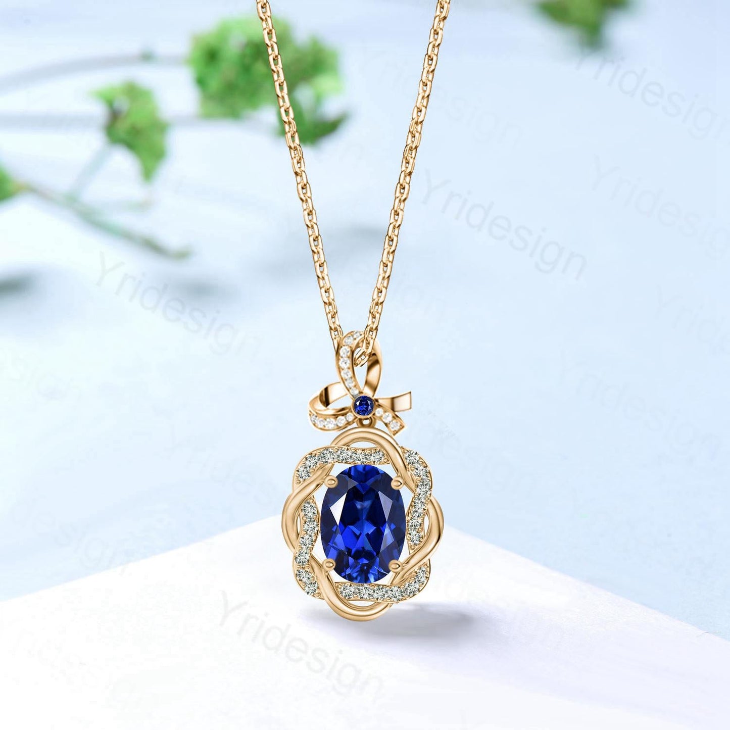 Unique Oval Sapphire Pendant Necklace Vintage Oval Blue Sapphire Halo Diamond Pendant Necklace Rose Gold Retro Christmas Promise Gift Women