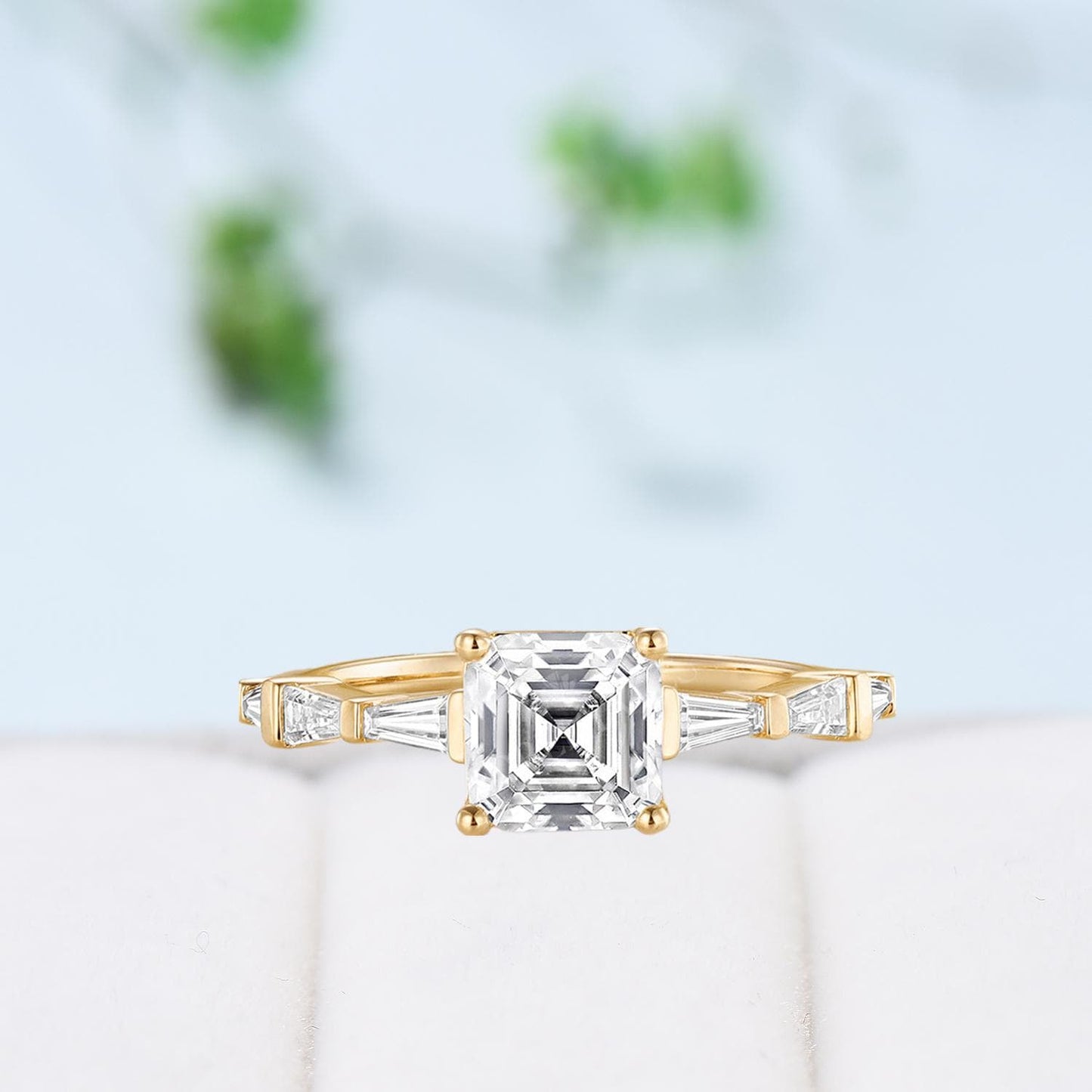 Asscher Cut Brilliant Moissanite ring Baguette Moissanite Engagement Ring 14K Rose Gold Vintage Wedding Ring Unique Anniversary Promise Ring