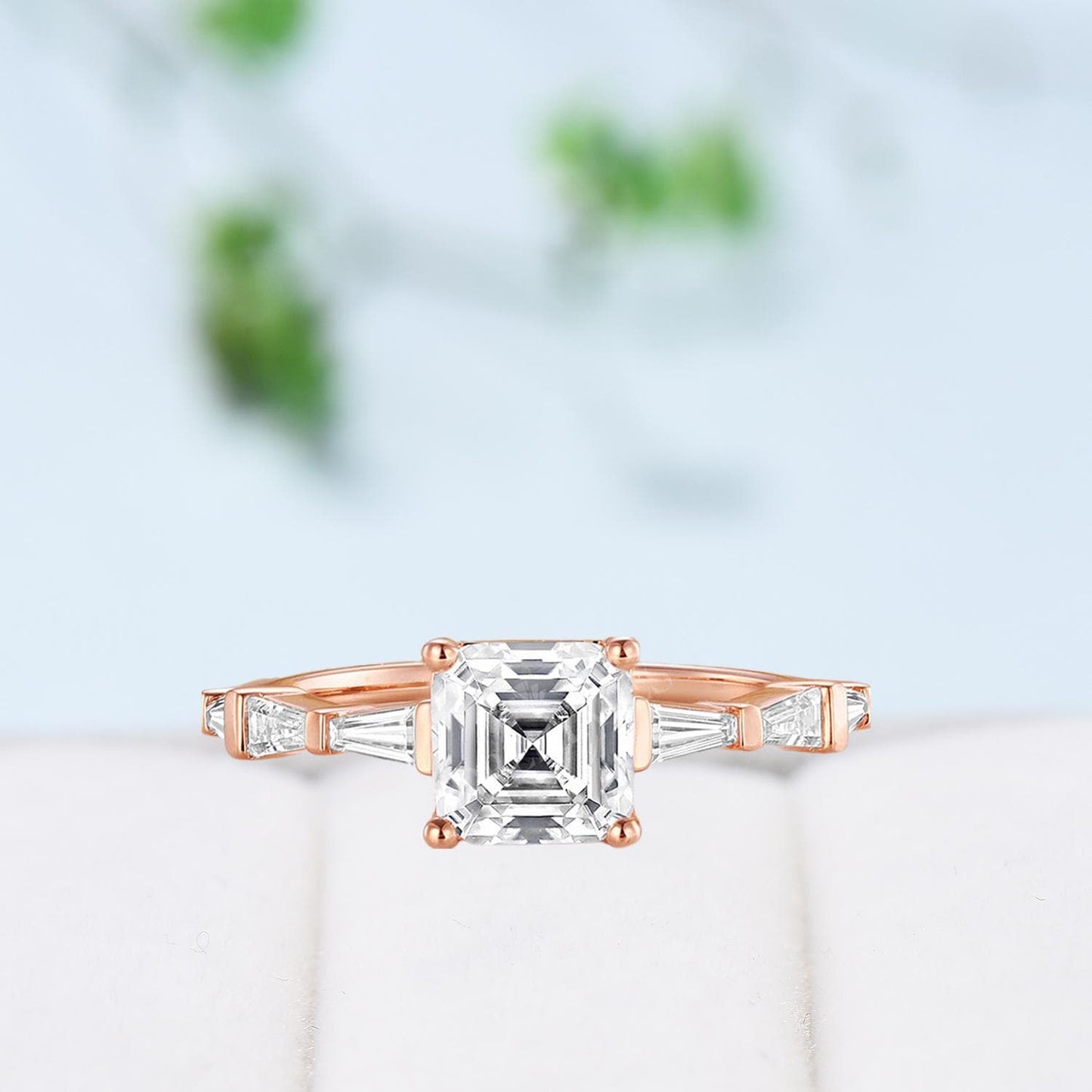 Asscher Cut Brilliant Moissanite ring Baguette Moissanite Engagement Ring 14K Rose Gold Vintage Wedding Ring Unique Anniversary Promise Ring