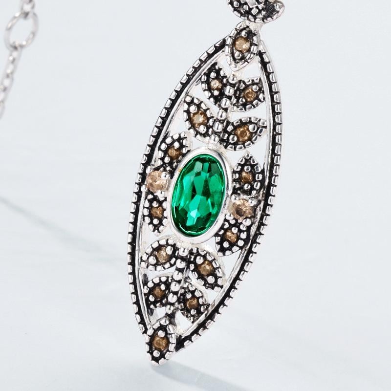 Unique Evil Eye Wedding Set vintage marquise shaped pendant necklace silver white gold art deco green emerald stud earrings anniversary gift