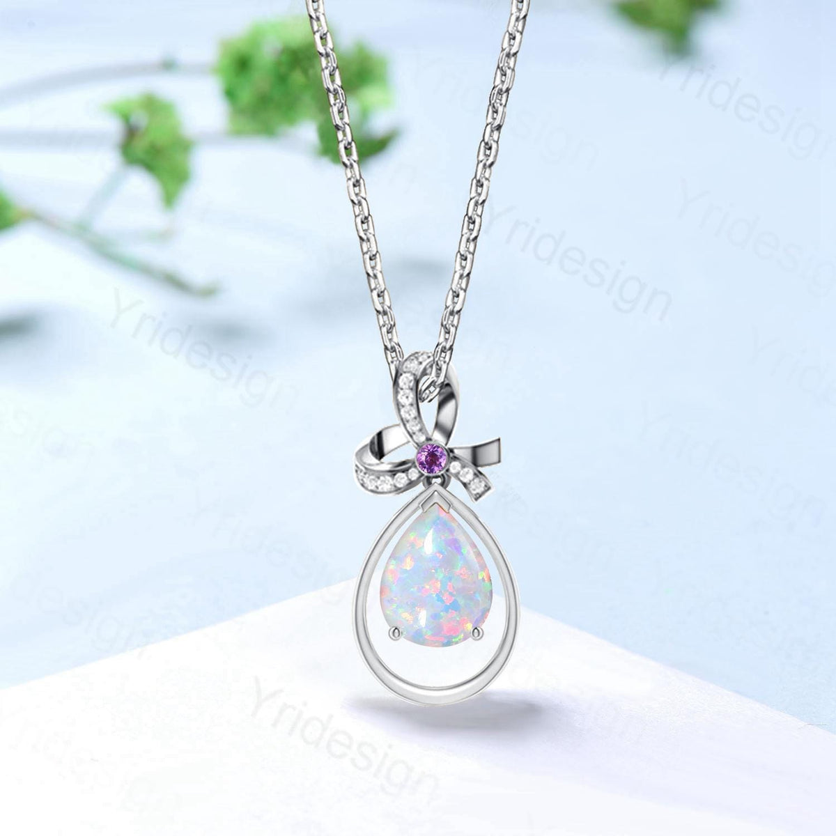 Unique Opal Necklace Celtic Knot Pear Shaped White Opal Wedding Necklace Sterling Silver Yellow Gold Mother's Pendant Anniversary Gift Women