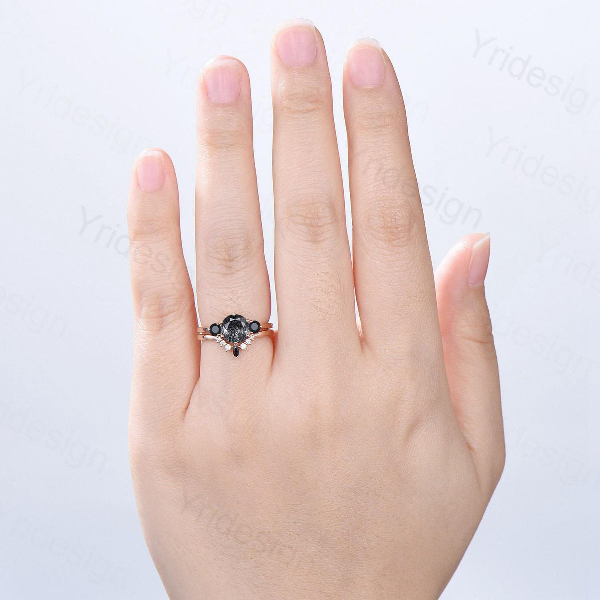 Vintage black rutilated quartz engagement ring set Three stone black spinel wedding ring set for women Quartz crystal bridal birthday gift