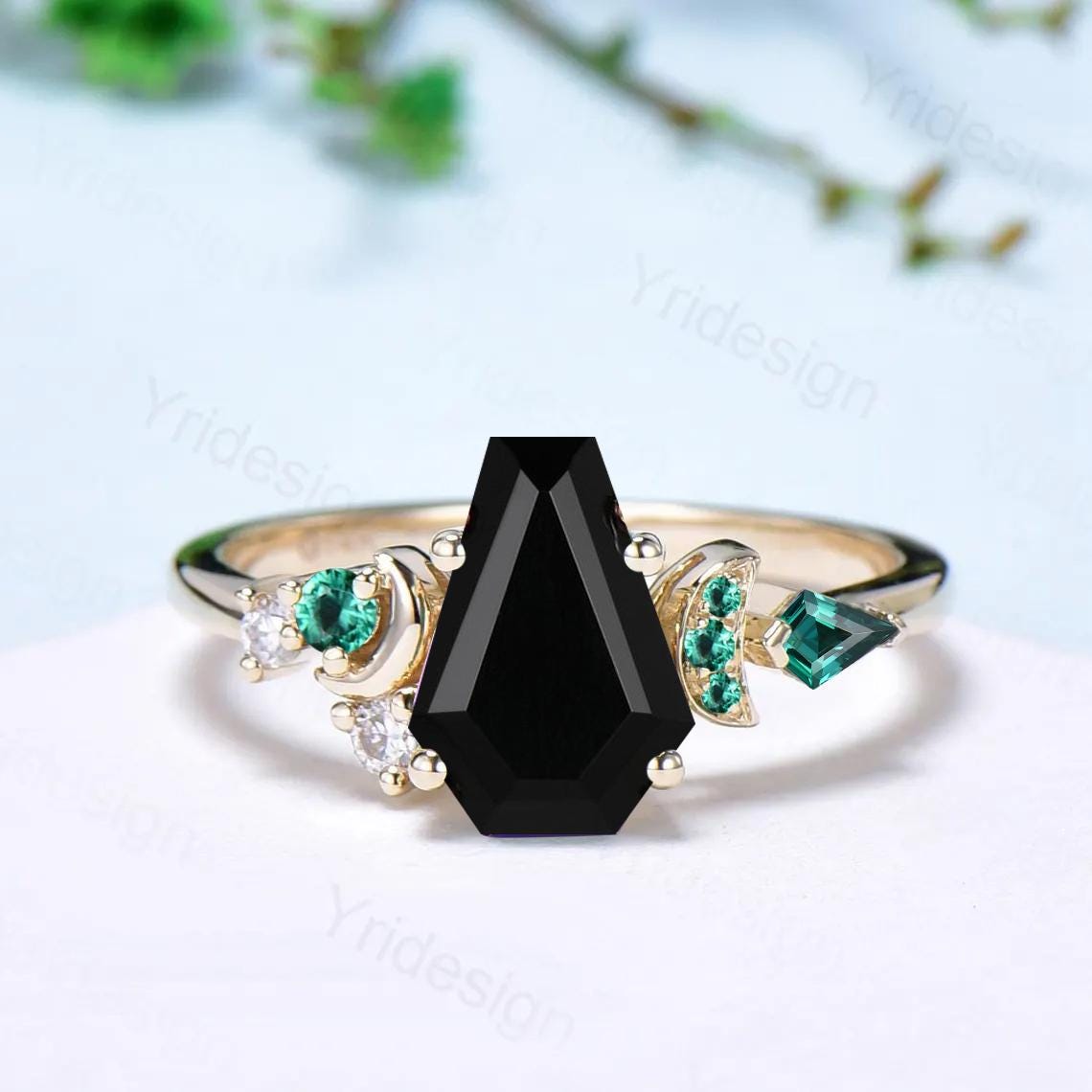 Coffin cut black onyx ring Black gold gothic engagement ring moon design cluster emerald wedding ring vintage anniversary promise ring women