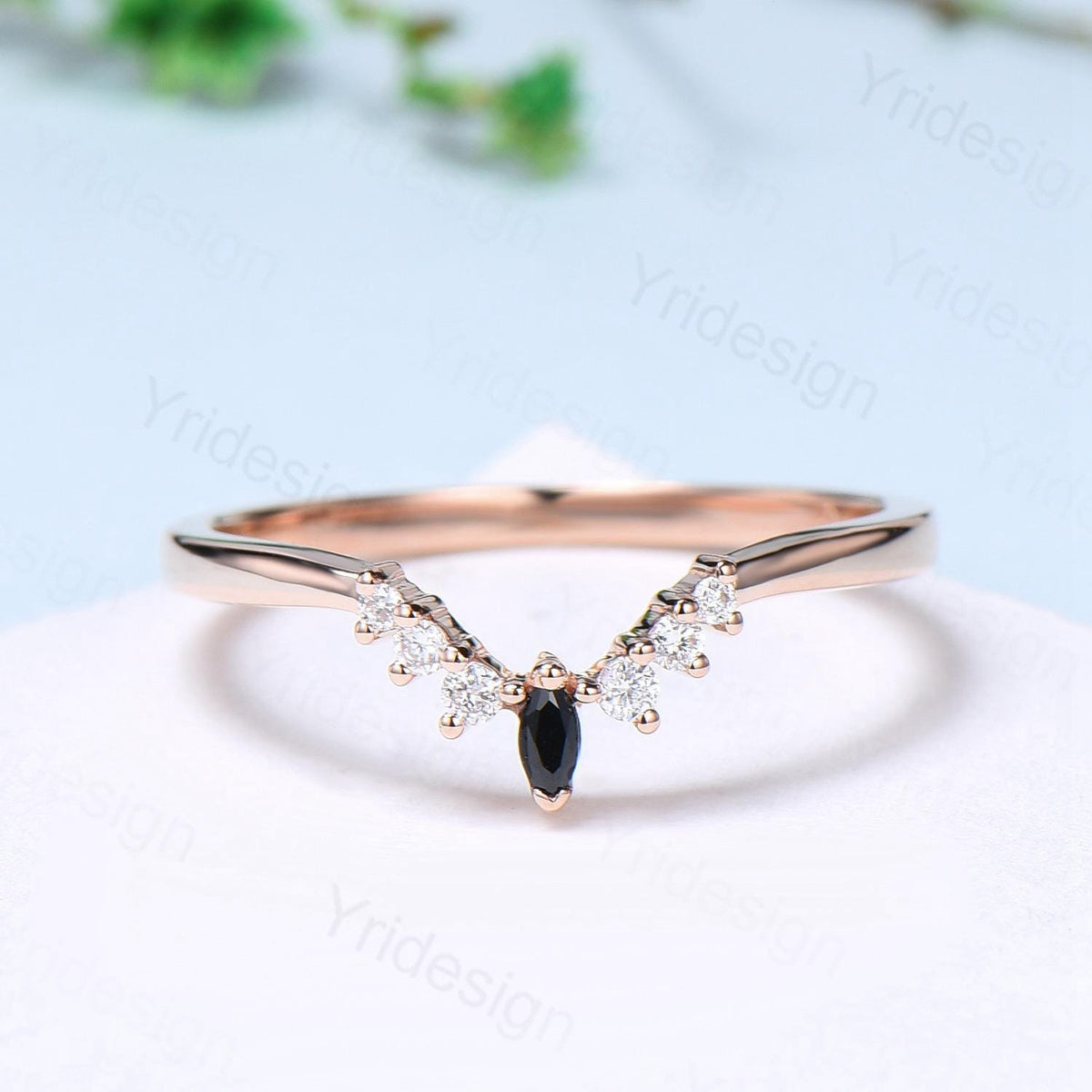 Curved 14K Rose Gold Lab Grown diamond wedding band women custom black spinel wedding band art deco matching stacking band anniversary gift