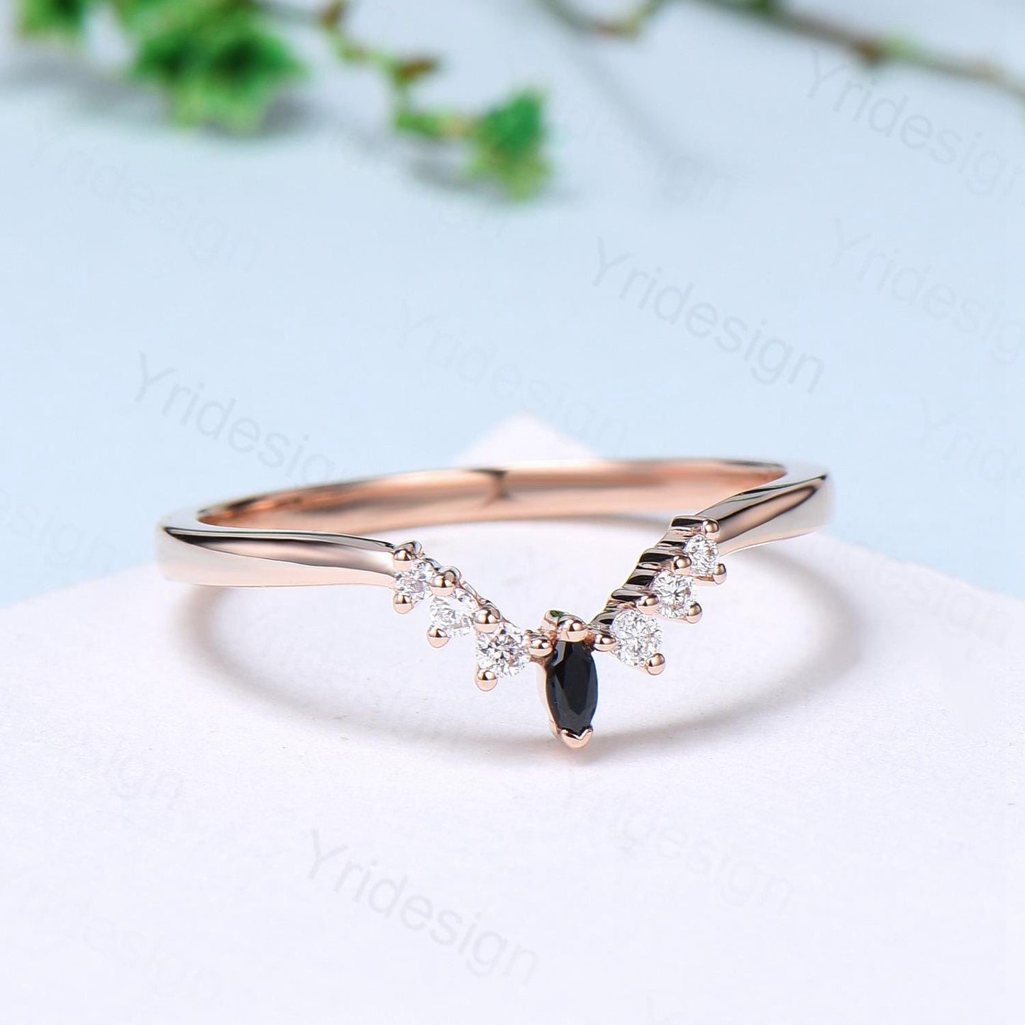 Curved 14K Rose Gold Lab Grown diamond wedding band women custom black spinel wedding band art deco matching stacking band anniversary gift