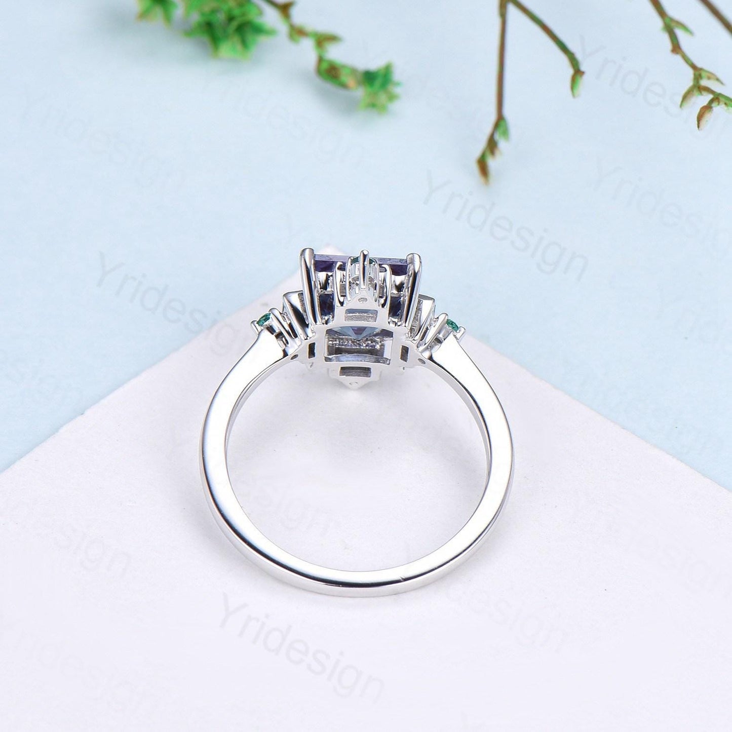 Unique 2 carat princess cut alexandrite ring halo baguette color change stone engagement ring-14k white gold art deco anniversary ring gift