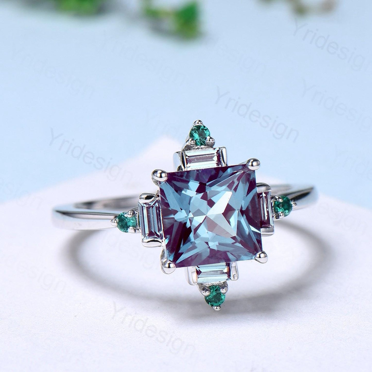 Unique 2 carat princess cut alexandrite ring halo baguette color change stone engagement ring-14k white gold art deco anniversary ring gift