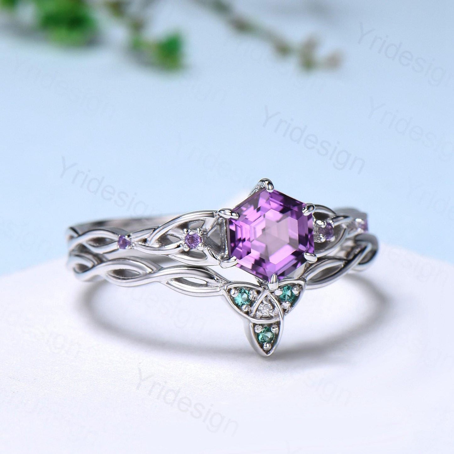 Norse Viking Hexagon Amethyst Ring Set Celtic Love Knot Purple Gemstone Engagement Ring Unique Twisted Emerald Wedding Ring Set For Women