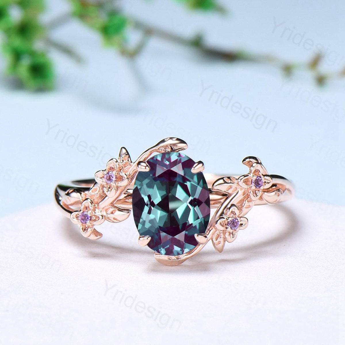 Unique flower alexandrite ring set cluster amethyst color change stone nature inspired engagement ring silver rose gold bridal wedding set