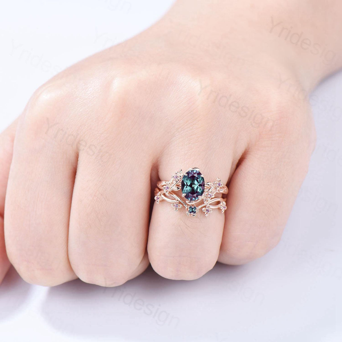 Unique flower alexandrite ring set cluster amethyst color change stone nature inspired engagement ring silver rose gold bridal wedding set