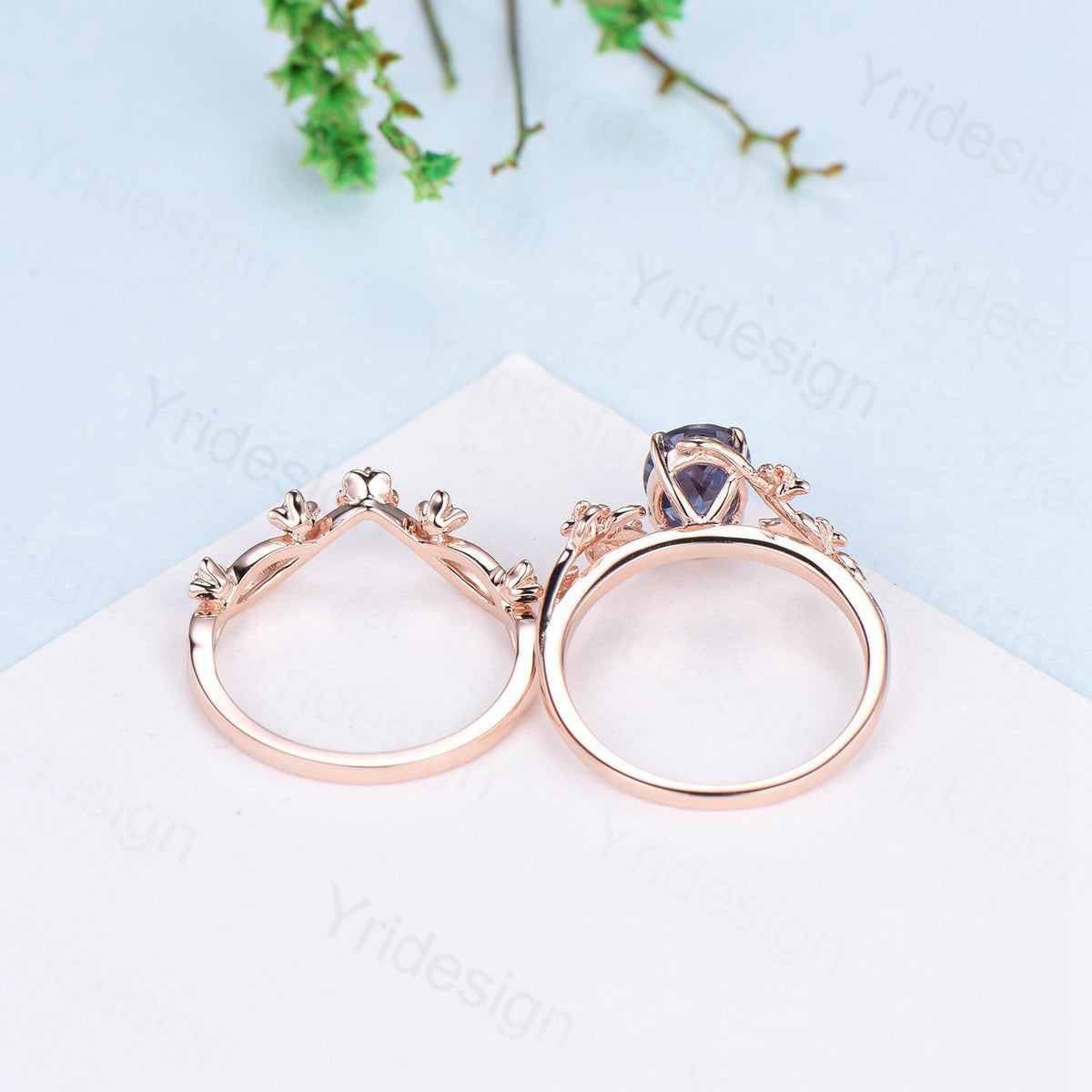 Unique flower alexandrite ring set cluster amethyst color change stone nature inspired engagement ring silver rose gold bridal wedding set