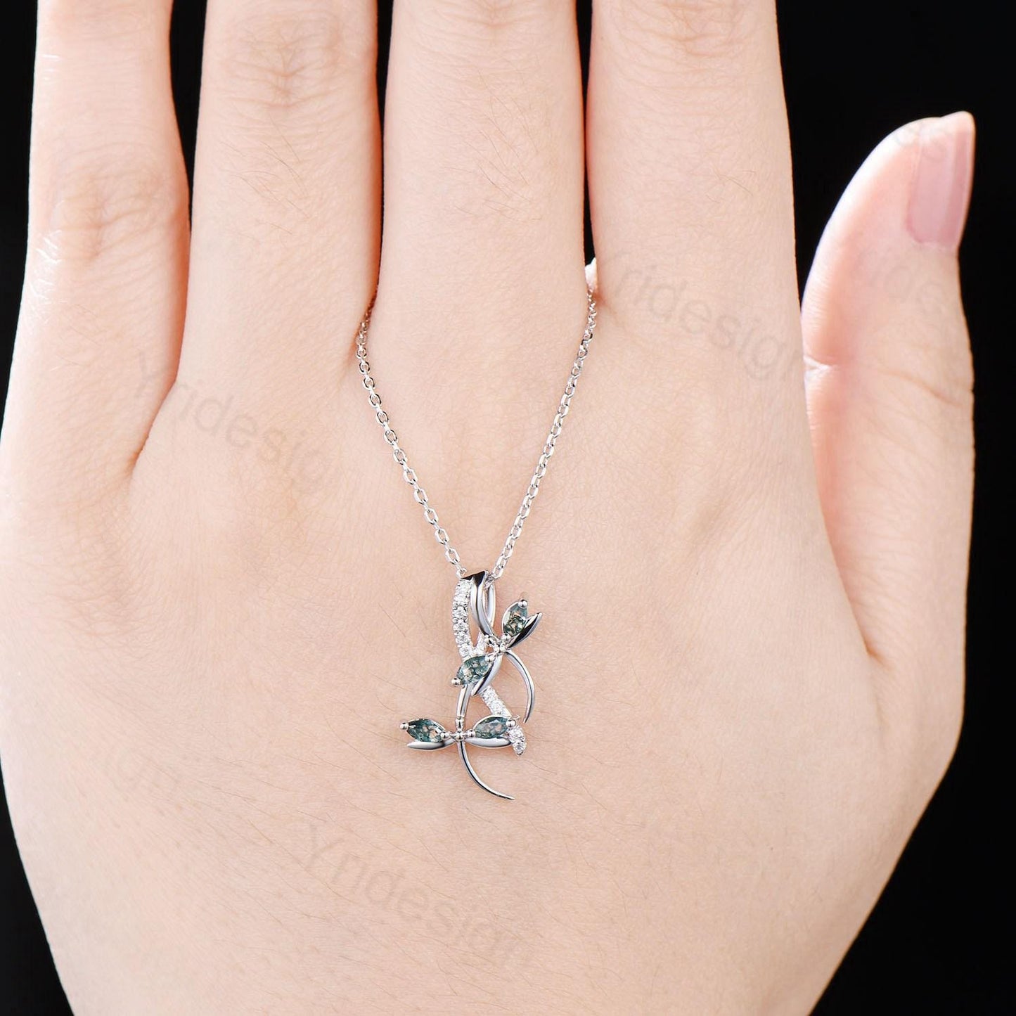 Nature Inspired Moss Agate Necklace Unique Marquise Green Agate Dragonfly Accompany Necklace Pendant Necklace Unique Anniversary Gift Women