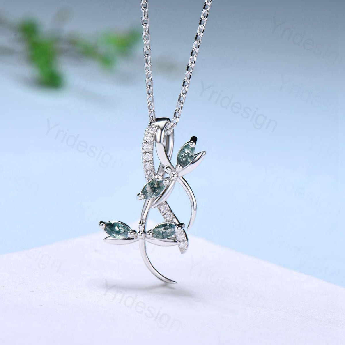 Nature Inspired Moss Agate Necklace Unique Marquise Green Agate Dragonfly Accompany Necklace Pendant Necklace Unique Anniversary Gift Women