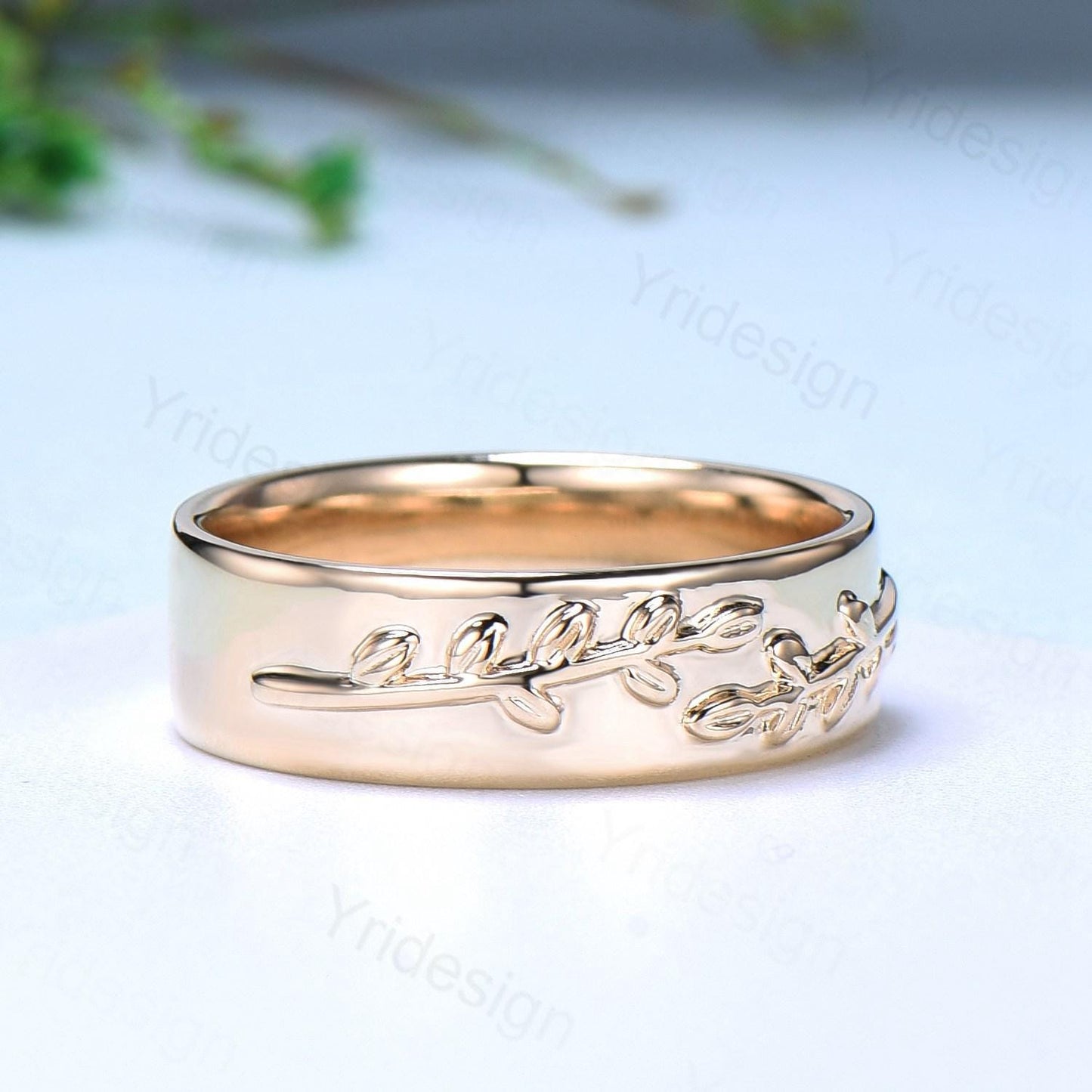 6mm Unique Leaf Wedding Band Mens 14K Yellow Gold Art Deco Leaf Branch Vines Design Wedding Ring Men Anniversary Engagement Rings For Men