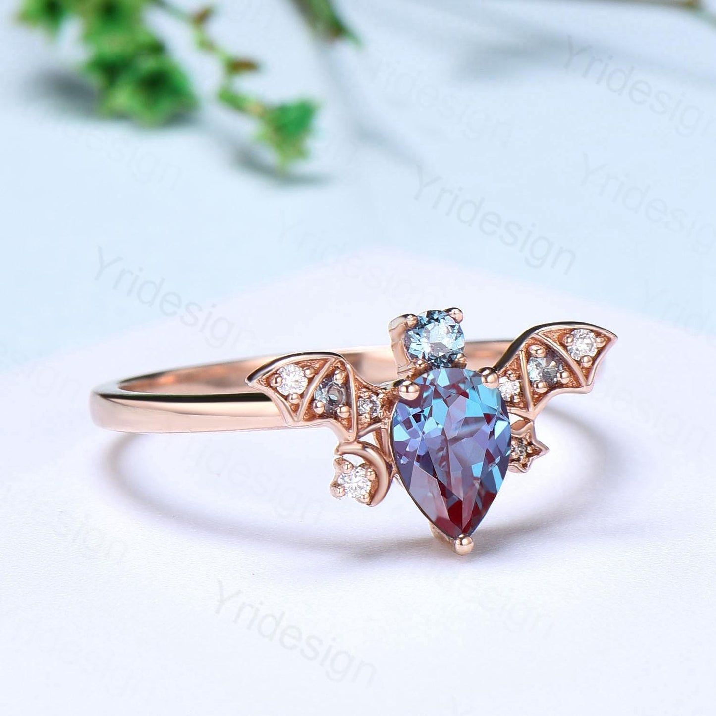 Magic Crescent Moon Star Alexandrite Engagement Ring Unique Bat Color Change Cluster Diamond Wedding Ring Rose Gold Anniversary gift Women