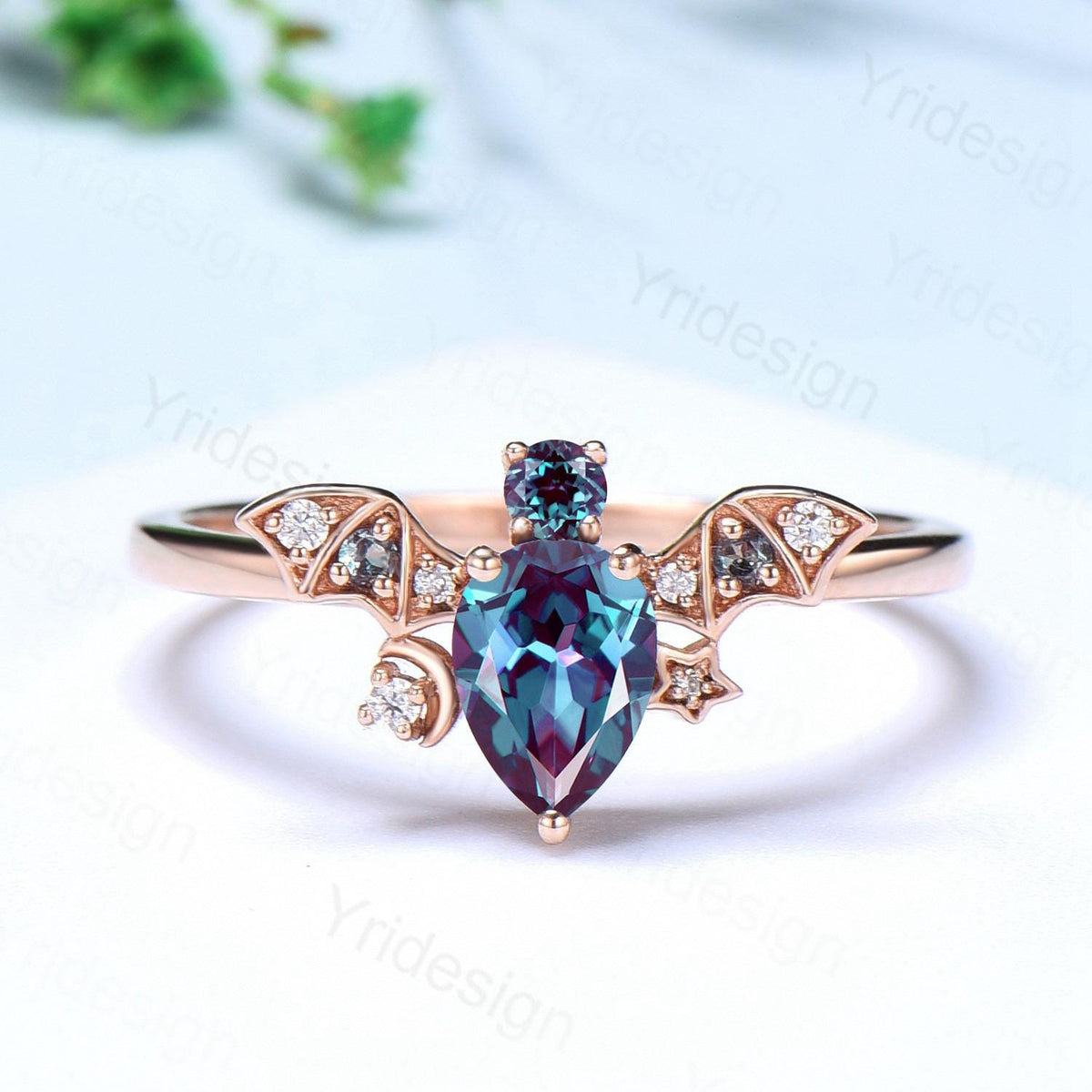 Magic Crescent Moon Star Alexandrite Engagement Ring Unique Bat Color Change Cluster Diamond Wedding Ring Rose Gold Anniversary gift Women