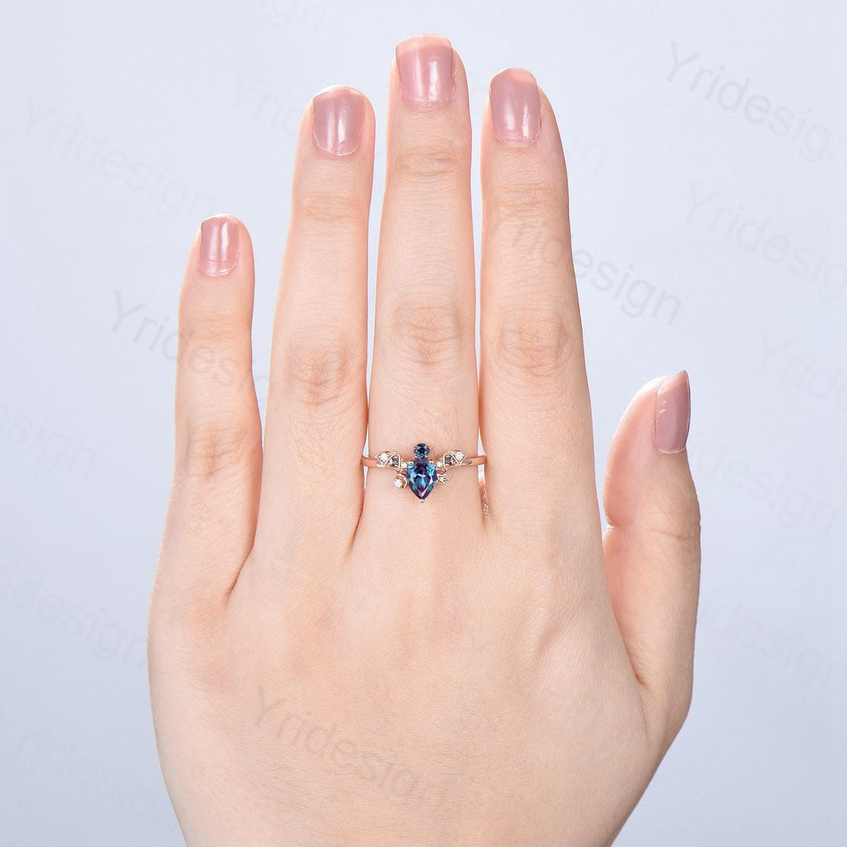 Magic Crescent Moon Star Alexandrite Engagement Ring Unique Bat Color Change Cluster Diamond Wedding Ring Rose Gold Anniversary gift Women