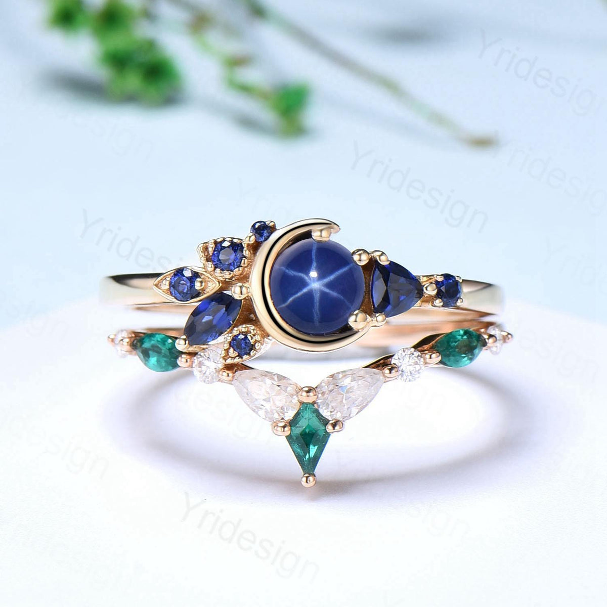 Unique Round Star Sapphire Engagement Ring Set Cluster blue sapphire Wedding Set Unique Personalized Emerald Stacking Band Anniversary Gift