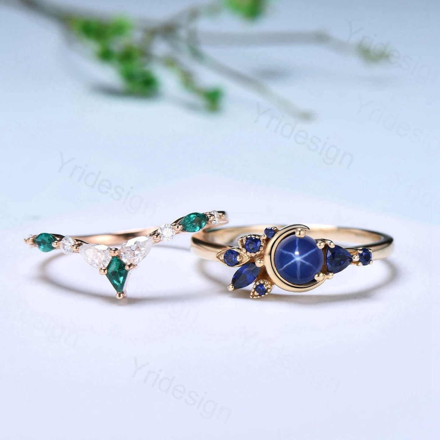 Unique Round Star Sapphire Engagement Ring Set Cluster blue sapphire Wedding Set Unique Personalized Emerald Stacking Band Anniversary Gift