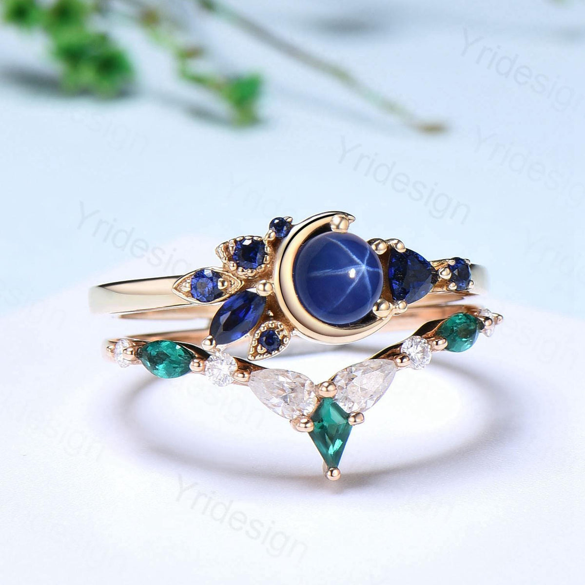 Unique Round Star Sapphire Engagement Ring Set Cluster blue sapphire Wedding Set Unique Personalized Emerald Stacking Band Anniversary Gift
