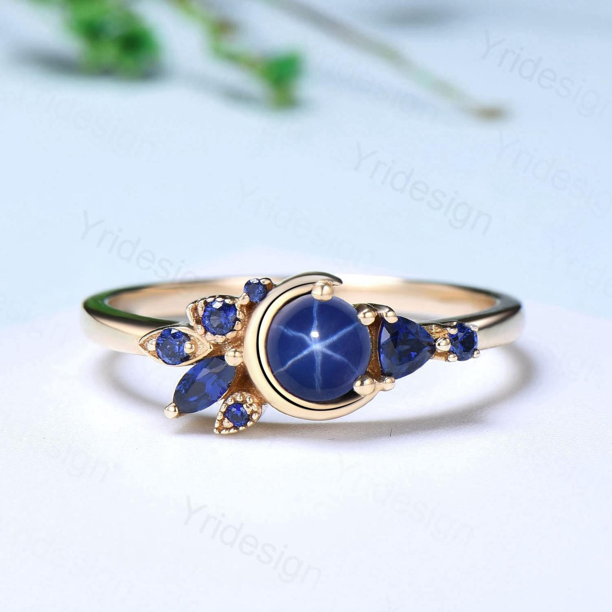 Unique Round Star Sapphire Engagement Ring Set Cluster blue sapphire Wedding Set Unique Personalized Emerald Stacking Band Anniversary Gift