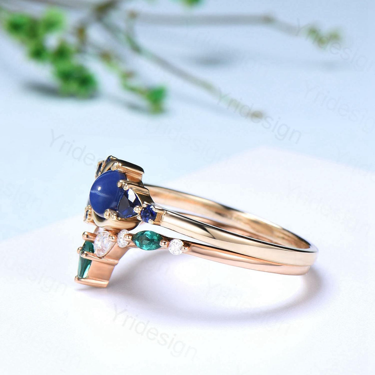 Unique Round Star Sapphire Engagement Ring Set Cluster blue sapphire Wedding Set Unique Personalized Emerald Stacking Band Anniversary Gift